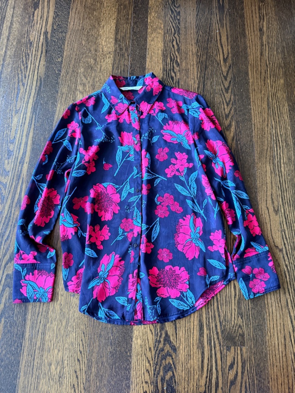 Zara Navy Button-Down Shirt with Pink Floral & Teal Leaves xs